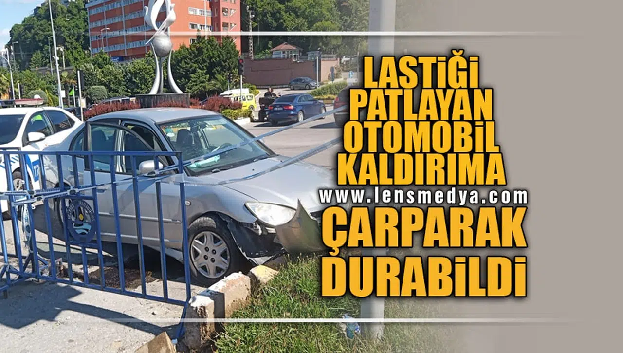 LASTİĞİ PATLAYAN OTOMOBİL KALDIRIMA ÇARPARAK DURABİLDİ!