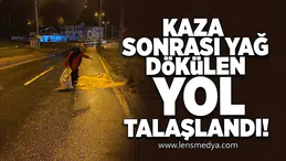 Kaza sonrası yağ dökülen yola talaş döküldü!
