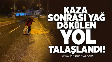 Kaza sonrası yağ dökülen yola talaş döküldü!