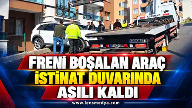 Freni boşalan araç istinat duvarında asılı kaldı