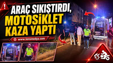ARAÇ SIKIŞTIRDI, MOTOSİKLET KALDIRIMA ÇARPTI!