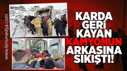 Karda geri kayan çöp kamyonun arkasına sıkıştı!