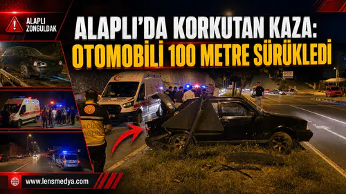 ALAPLI’DA KORKUTAN KAZA: OTOMOBİLİ 100 METRE SÜRÜKLEDİ!