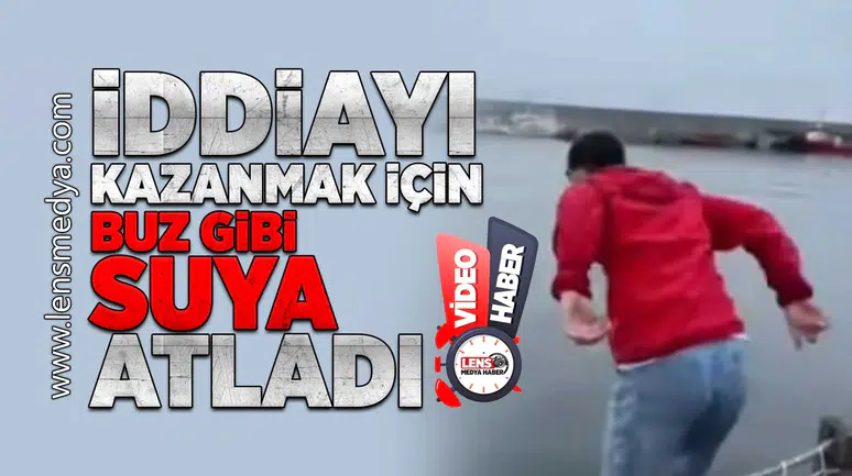 İddiayı kazanmak için buz gibi suya atladı!