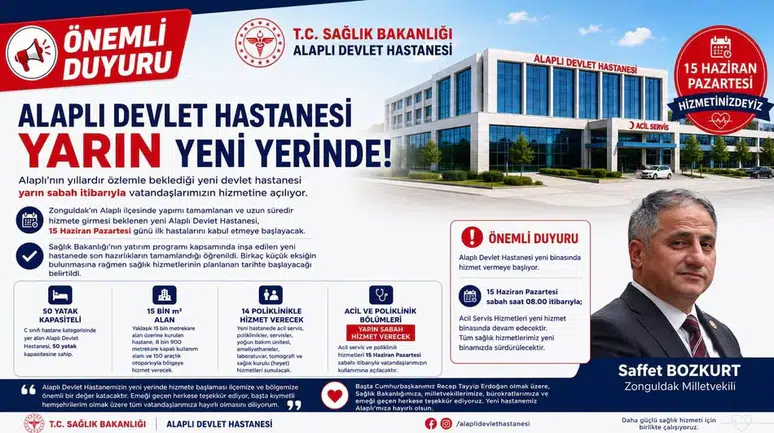 ALAPLI DEVLET HASTANESİ YARIN YENİ YERİNDE HİZMETE BAŞLIYOR