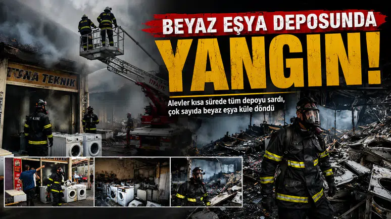 BEYAZ EŞYA DEPOSUNDA YANGIN: ÇOK SAYIDA CİHAZ KÜLE DÖNDÜ