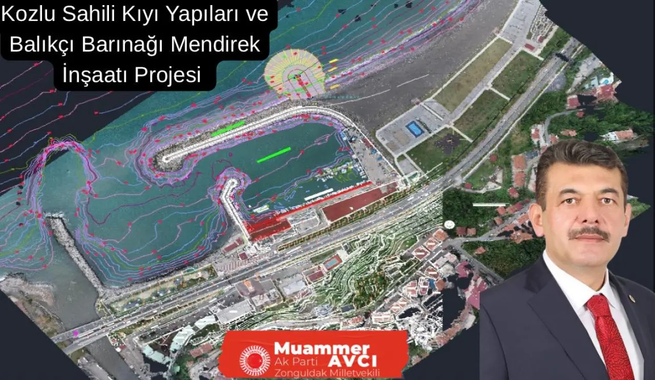 harita ve şunu diyen bir yazı 'Kozlu Sahili Kıyı Yapıları ve Balıkçı Barınağı Mendirek İnşaatı Projesi Tжce Muammer AkPartiAVCI Ak Parti AVCI ZonguldakMiletvekili Zona' görseli olabilir