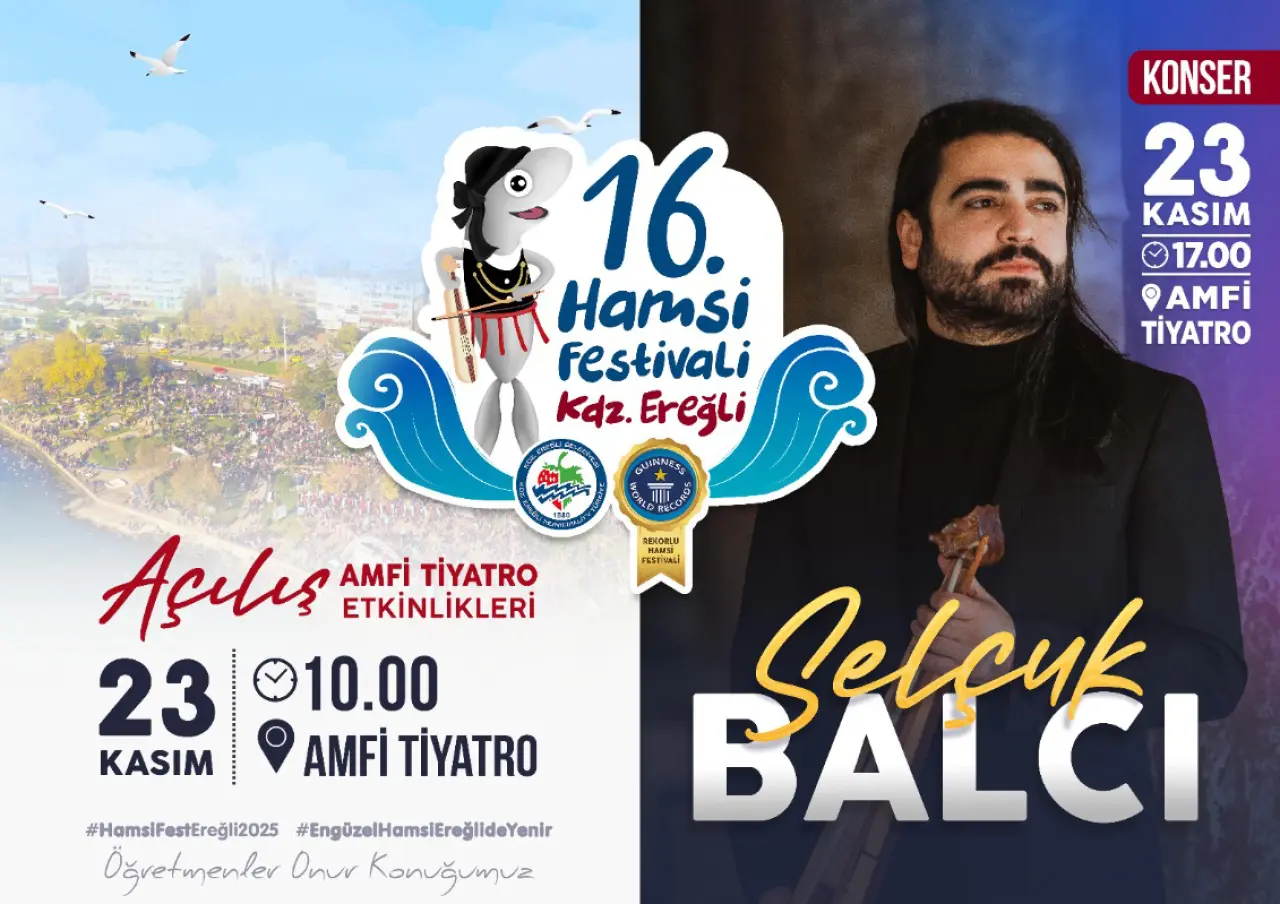 ‎şunu diyen bir yazı '‎KONSER 23 KASIM 17.00 AMFİ O TİYATRO 16. س Hamsi festivali kdz. Ereğli SUINNESE R RENOBLU RENORLU FESTiWAl иAwR AAлιR AMFİ TIYATRO ETKİNLİKLERİ 23 10.00 KASIM AMFİ TİYATRO #HamsiFestEreğli12025 #EngOzelHamsiEreğiideYenir Ogretmenter Onur Konuğumuz AcиK‎'‎ görseli olabilir